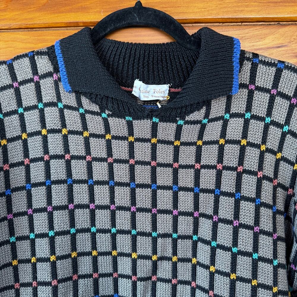 VINTAGE | CHRISTINE FOLEY 1980s GRID Cotton Collar Sweater Size S/M - Picture 3 of 5